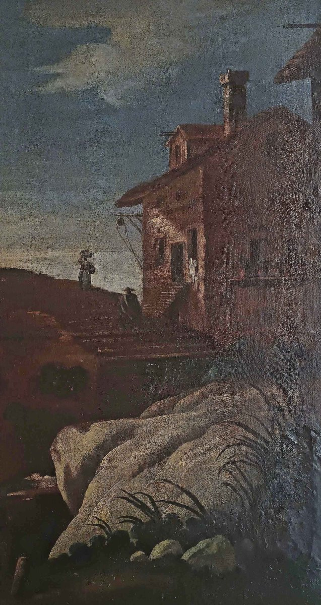 GRANDE DIPINTO CON PAESAGGIO E FIGURE FINE DEL XVII SECOLO-photo-3