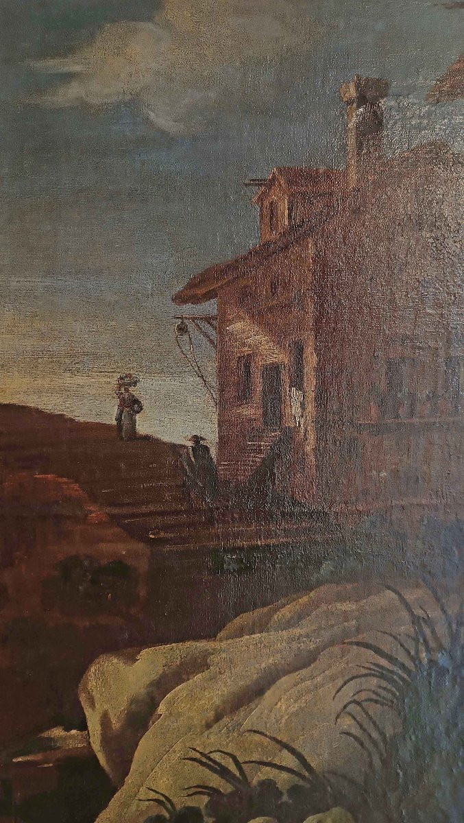 GRANDE DIPINTO CON PAESAGGIO E FIGURE FINE DEL XVII SECOLO-photo-4