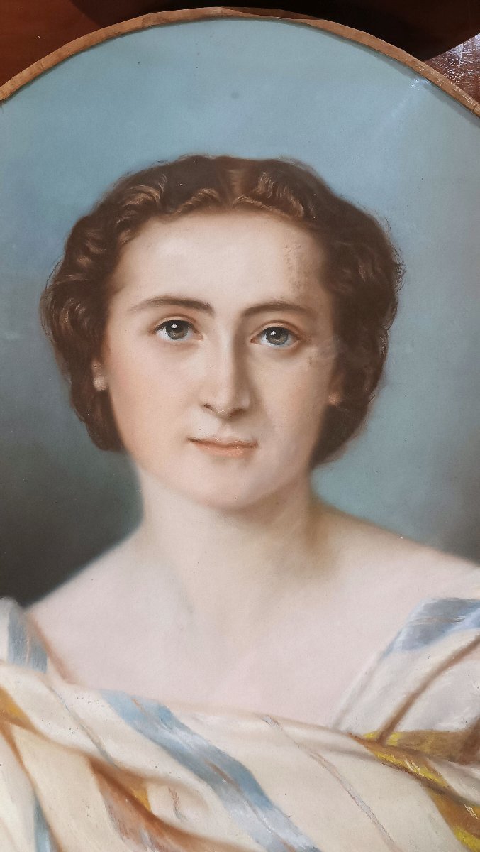 DIPINTO PASTELLO OVALE CON GIOVANE DONNA META’ XIX SECOLO -photo-4