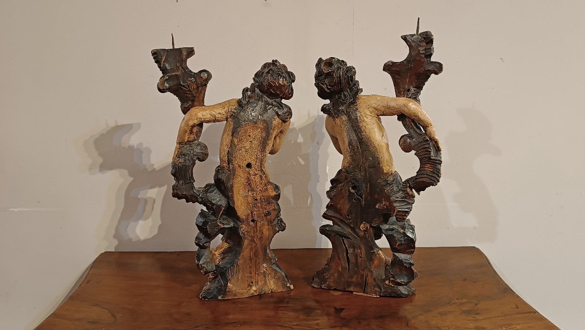 COPPIA DI CANDELABRI IN LEGNO DIPINTO META’ XVIII SECOLO-photo-1