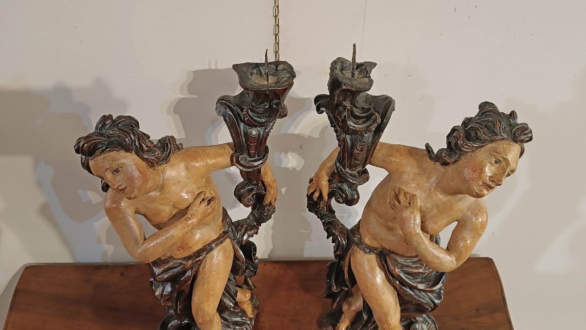 COPPIA DI CANDELABRI IN LEGNO DIPINTO META’ XVIII SECOLO-photo-5