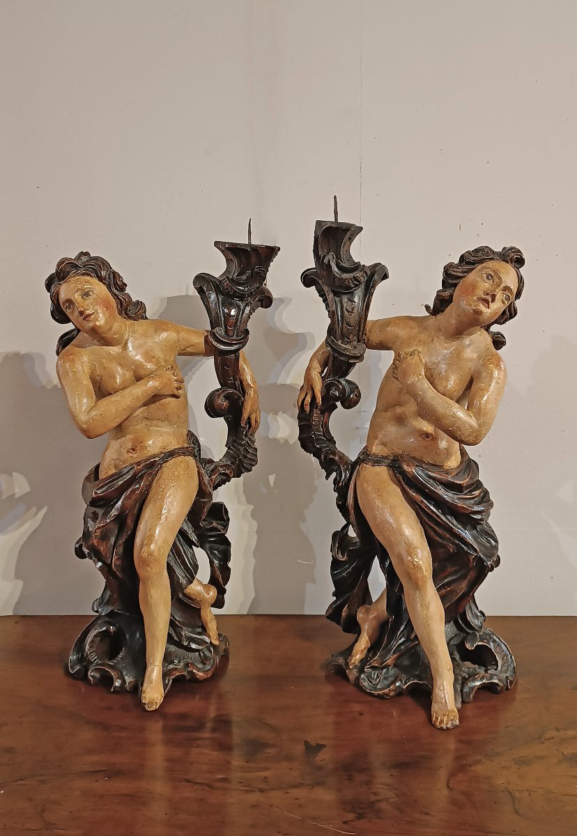 COPPIA DI CANDELABRI IN LEGNO DIPINTO META’ XVIII SECOLO-photo-7