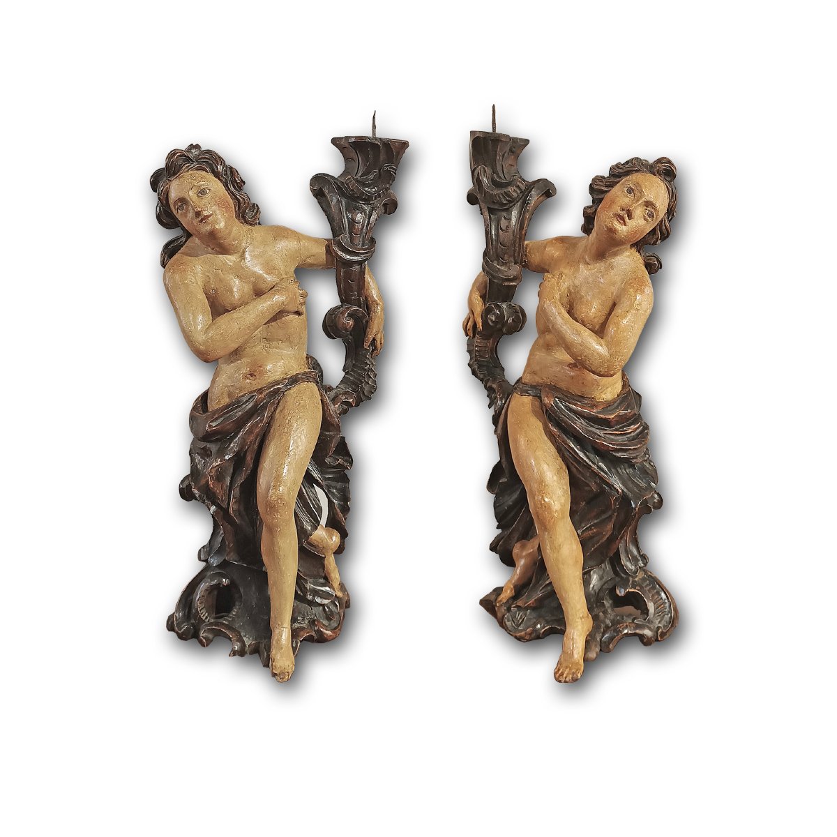 COPPIA DI CANDELABRI IN LEGNO DIPINTO META’ XVIII SECOLO