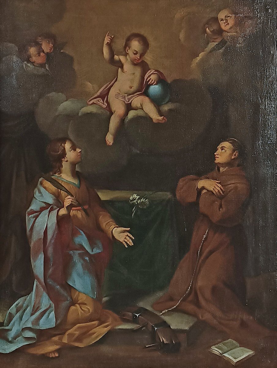 DIPINTO AD OLIO SU TELA CON ADORAZIONE SANTI PRIMI XVIII SECOLO -photo-2