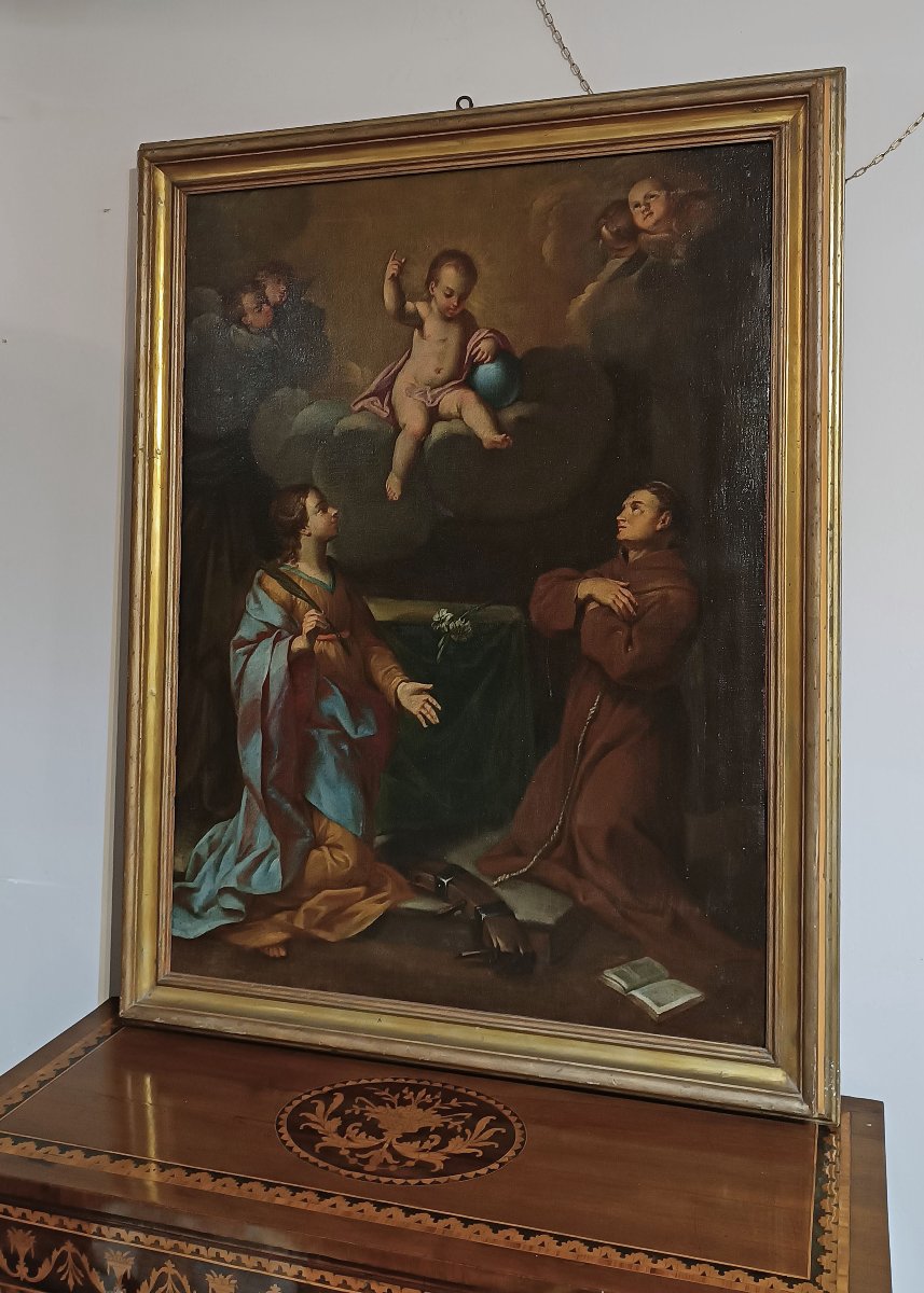 DIPINTO AD OLIO SU TELA CON ADORAZIONE SANTI PRIMI XVIII SECOLO -photo-7
