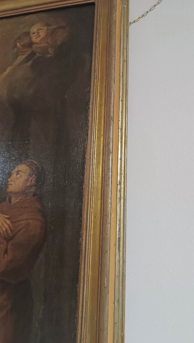 DIPINTO AD OLIO SU TELA CON ADORAZIONE SANTI PRIMI XVIII SECOLO -photo-8