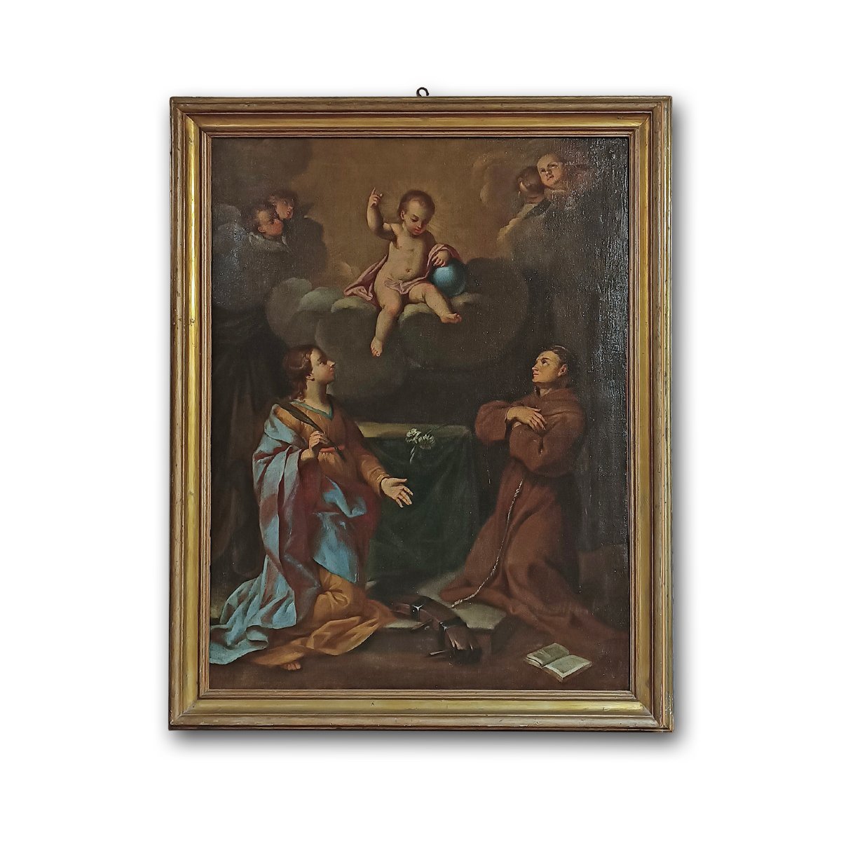 DIPINTO AD OLIO SU TELA CON ADORAZIONE SANTI PRIMI XVIII SECOLO 
