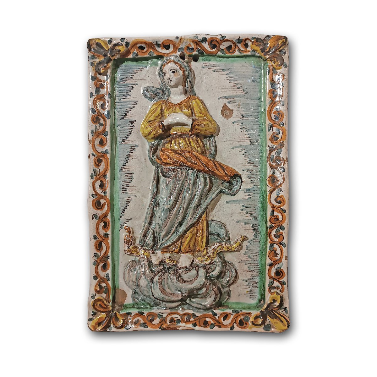 PLACCA IN MAIOLICA DI MONTELUPO CON VERGINE FINE XVII SECOLO