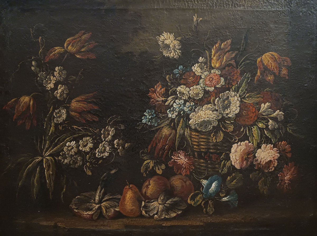 COPPIA DI DIPINTI CON FIORI E FRUTTA FINE XVII SECOLO -photo-2