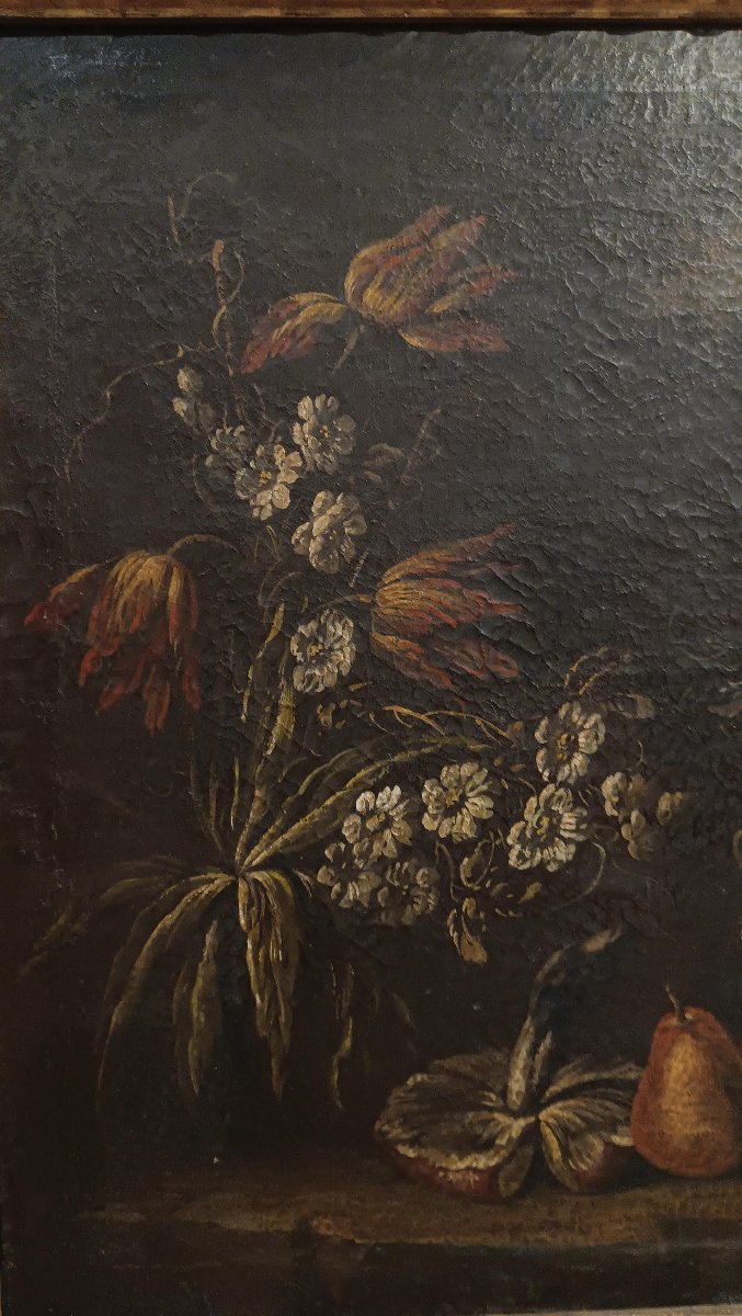 COPPIA DI DIPINTI CON FIORI E FRUTTA FINE XVII SECOLO -photo-1