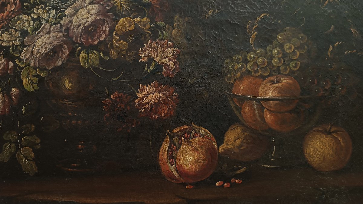 COPPIA DI DIPINTI CON FIORI E FRUTTA FINE XVII SECOLO -photo-5