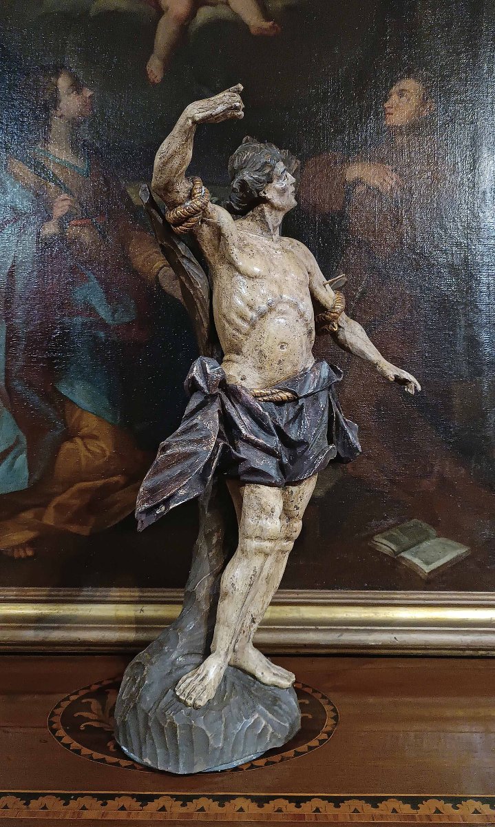 SCULTURA DI SAN SEBASTIANO IN LEGNO DIPINTO META’ XVIII SECOLO-photo-2