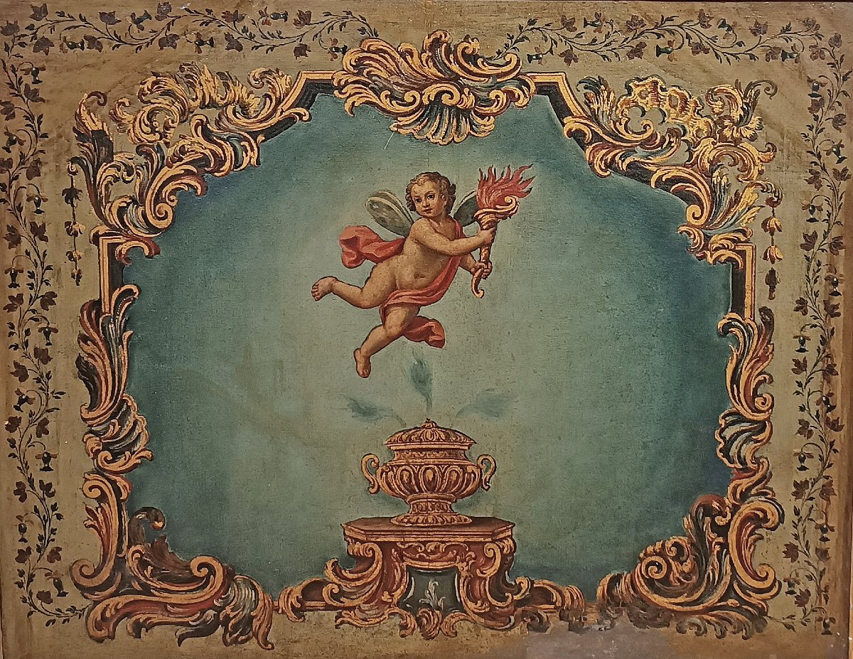 DIPINTO CON ALLEGORIA DI PUTTO ALATO FINE XVIII SECOLO-photo-2