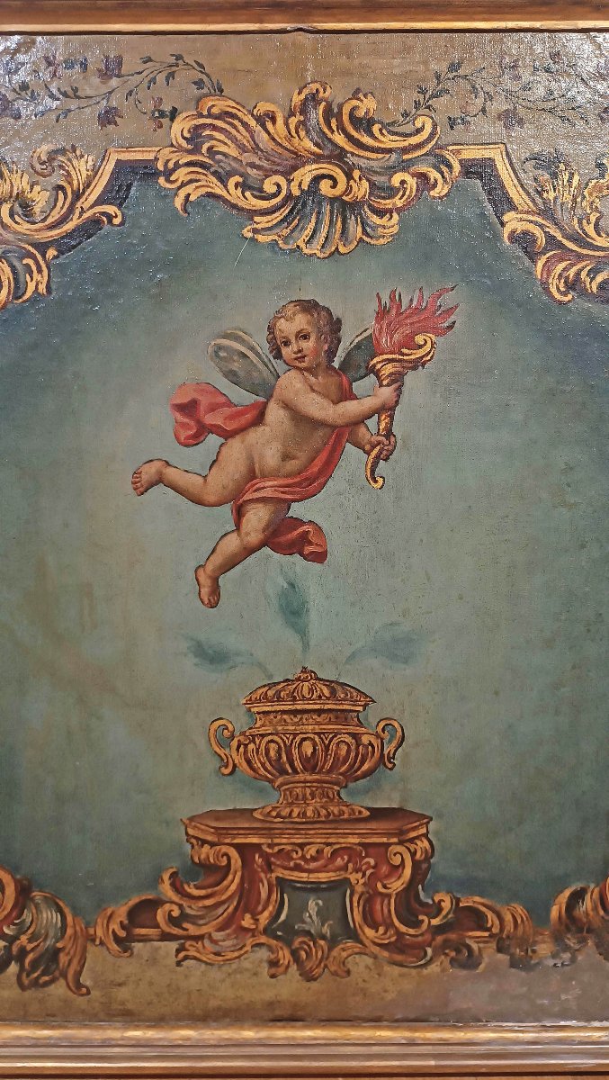 DIPINTO CON ALLEGORIA DI PUTTO ALATO FINE XVIII SECOLO-photo-3