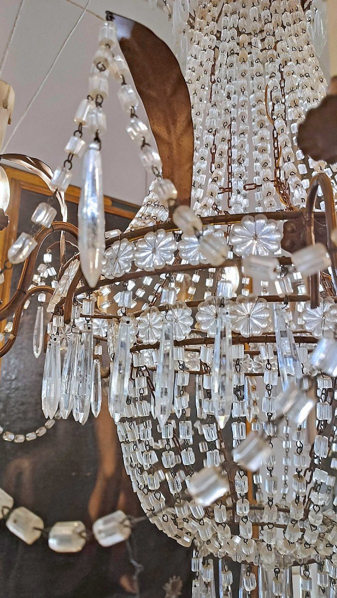 LAMPADARIO A PANIERE IN CRISTALLI E FERRO DORATO PRIMI DEL XIX SECOLO-photo-3