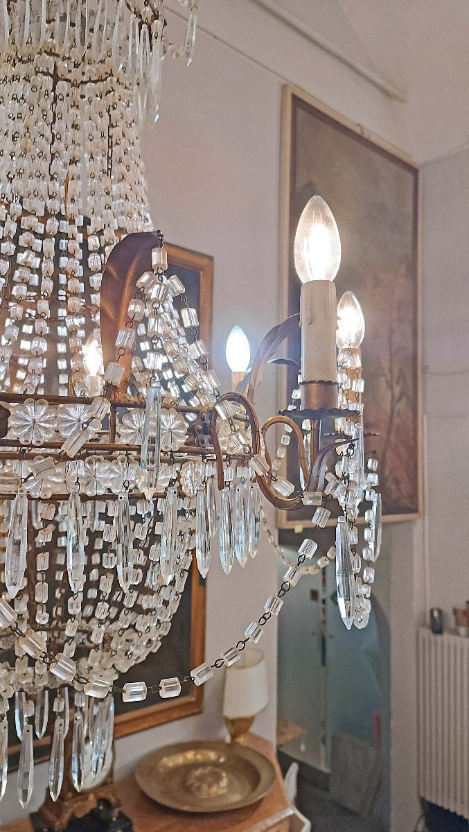 LAMPADARIO A PANIERE IN CRISTALLI E FERRO DORATO PRIMI DEL XIX SECOLO-photo-2