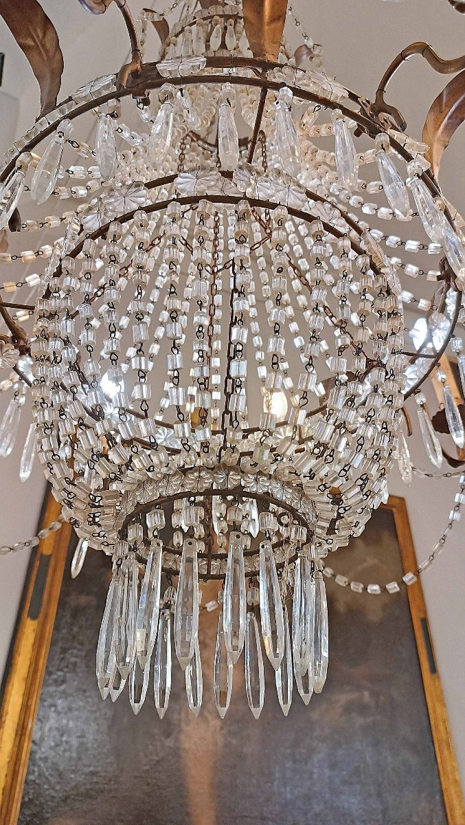 LAMPADARIO A PANIERE IN CRISTALLI E FERRO DORATO PRIMI DEL XIX SECOLO-photo-3