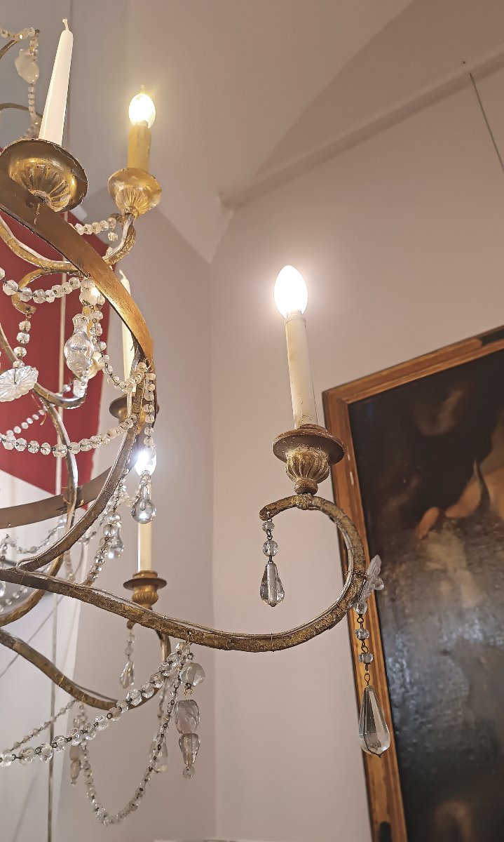 LAMPADARIO LUIGI XV IN FERRO DORATO E CRISTALLI META’ XVIII SECOLO-photo-2