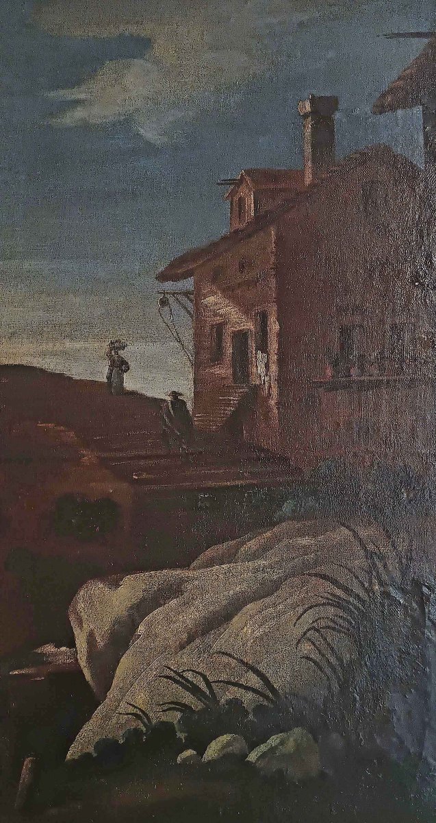 GRANDE DIPINTO CON PAESAGGIO E FIGURE FINE DEL XVII SECOLO-photo-3