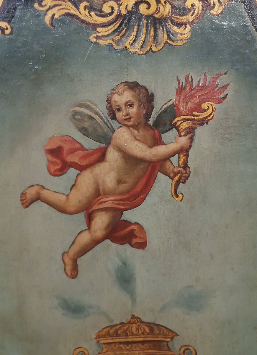 DIPINTO CON ALLEGORIA DI PUTTO ALATO FINE XVIII SECOLO-photo-4