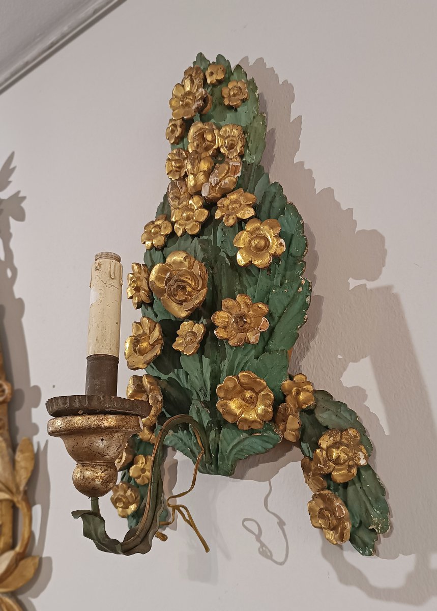 COPPIA DI APPLIQUES VERDE E ORO NEOCLASSICHE FINE XVIII SECOLO-photo-2