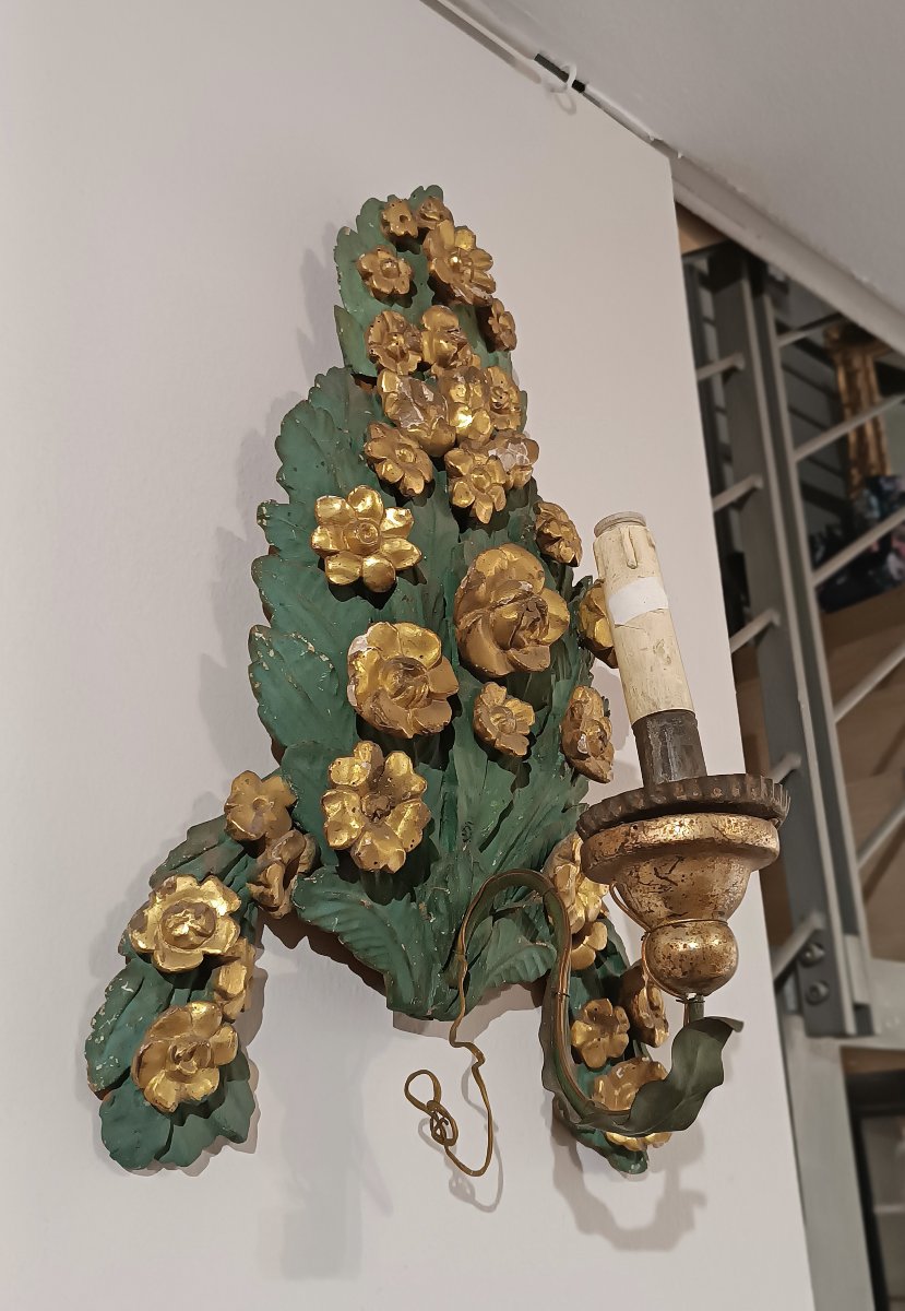 COPPIA DI APPLIQUES VERDE E ORO NEOCLASSICHE FINE XVIII SECOLO-photo-3