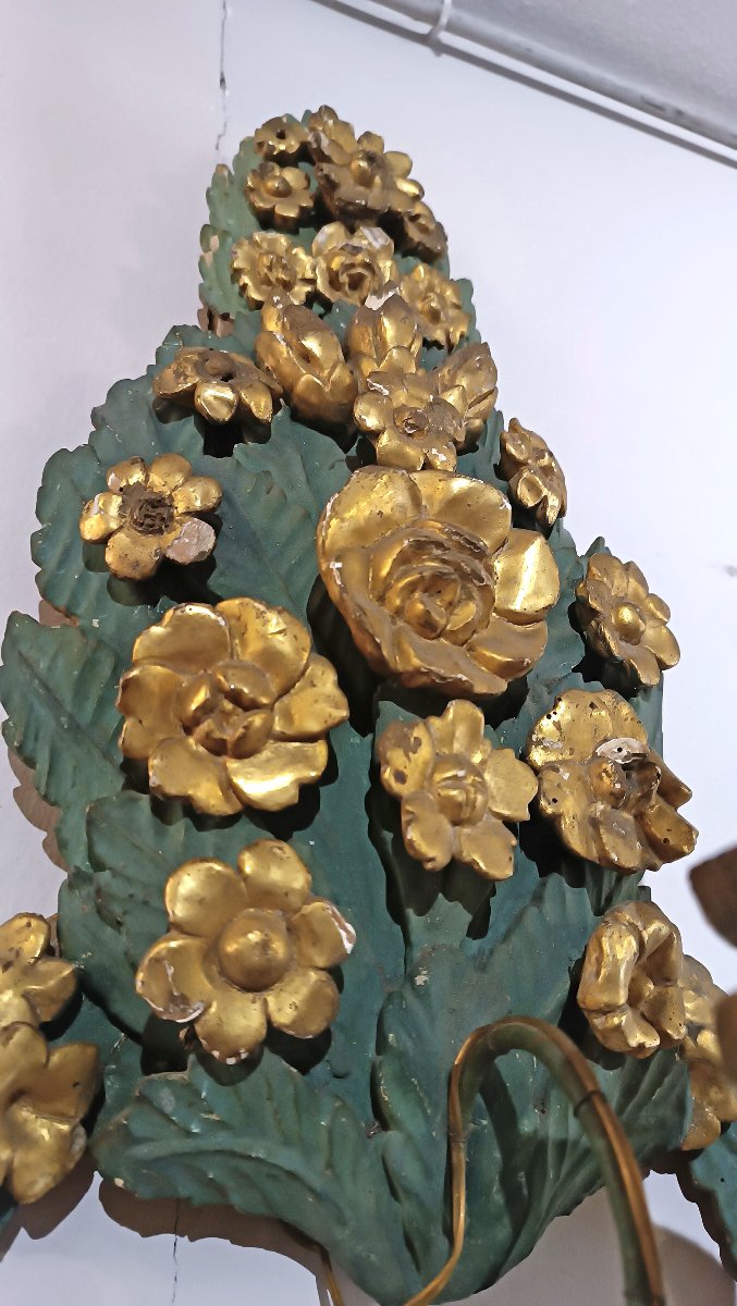 COPPIA DI APPLIQUES VERDE E ORO NEOCLASSICHE FINE XVIII SECOLO-photo-1