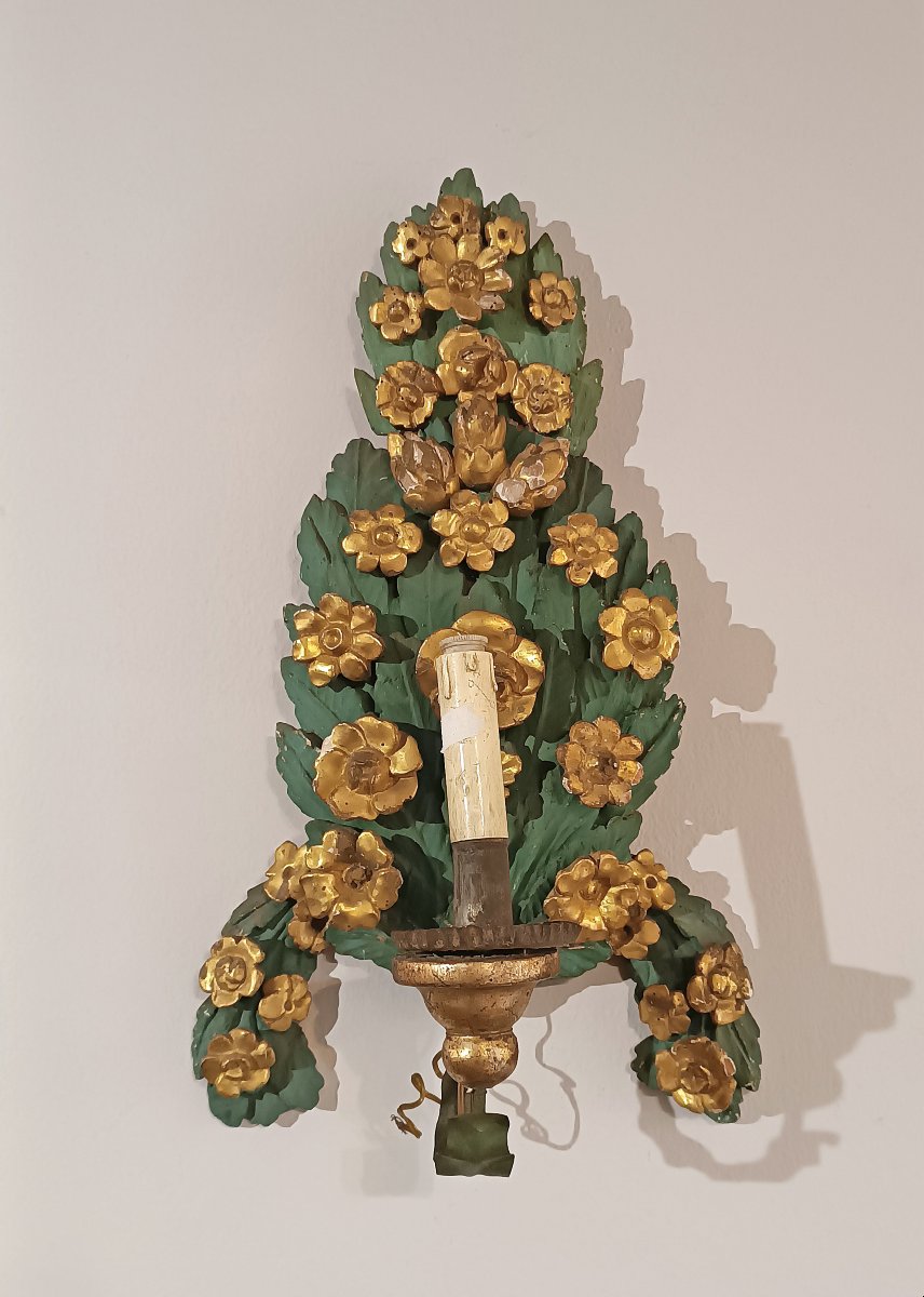 COPPIA DI APPLIQUES VERDE E ORO NEOCLASSICHE FINE XVIII SECOLO-photo-2