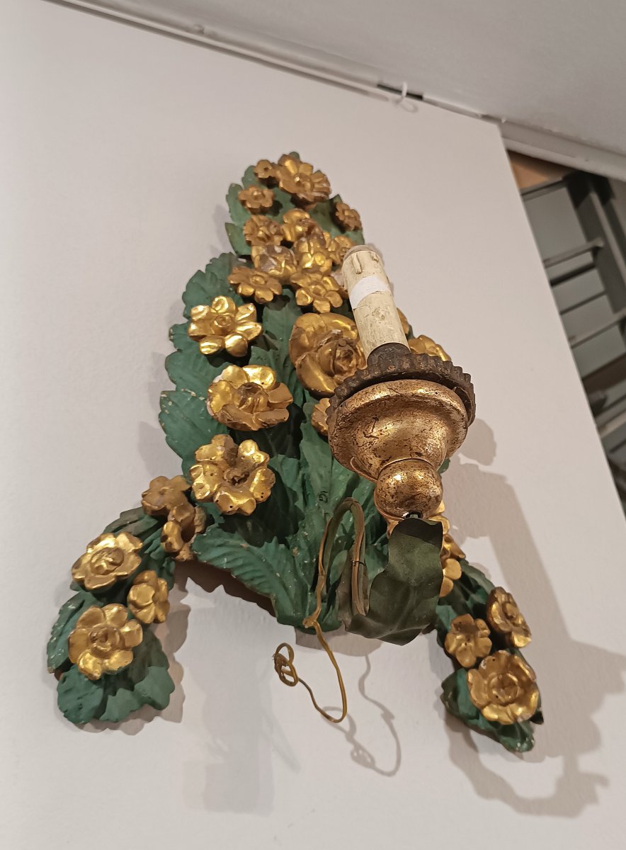 COPPIA DI APPLIQUES VERDE E ORO NEOCLASSICHE FINE XVIII SECOLO-photo-4