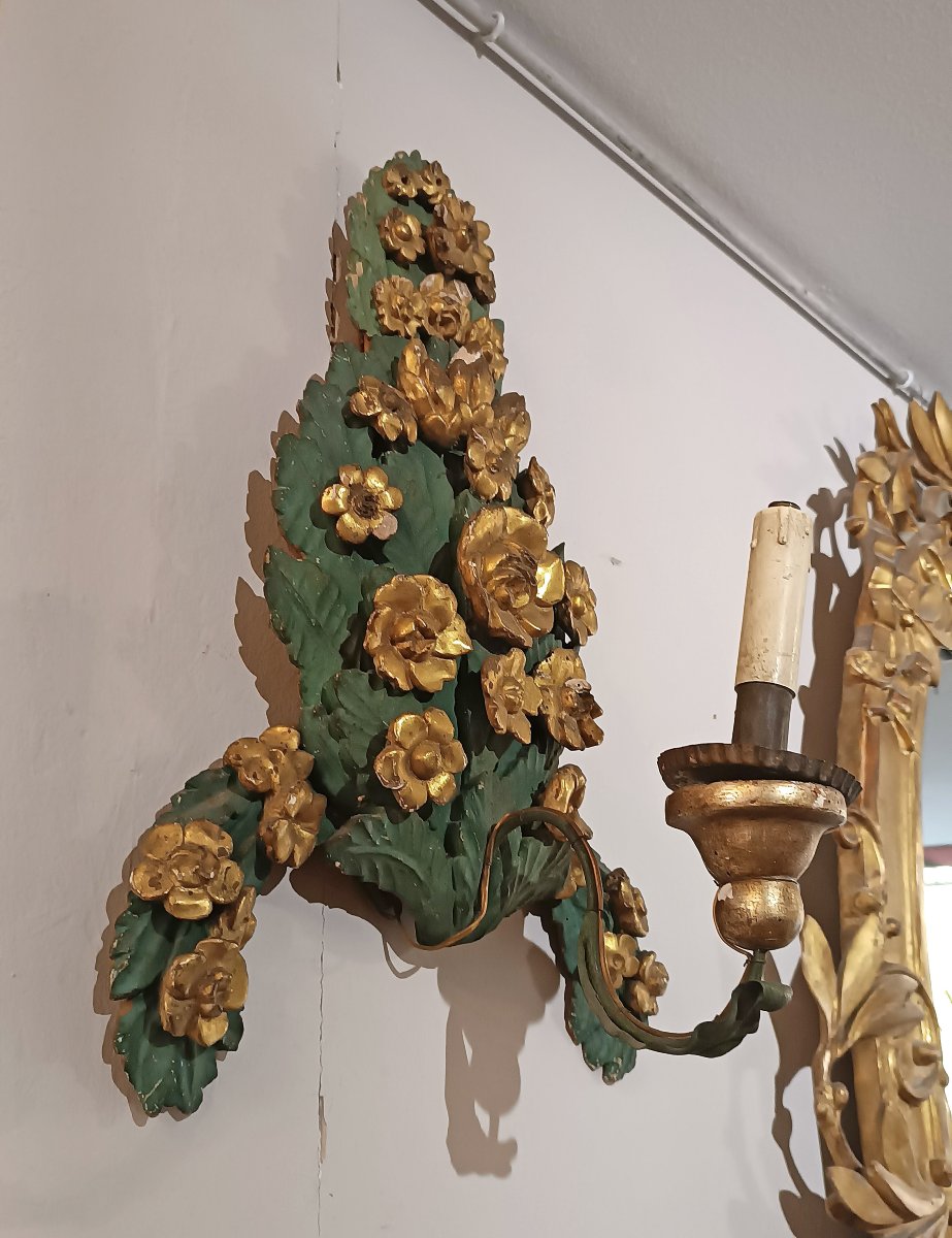 COPPIA DI APPLIQUES VERDE E ORO NEOCLASSICHE FINE XVIII SECOLO-photo-5