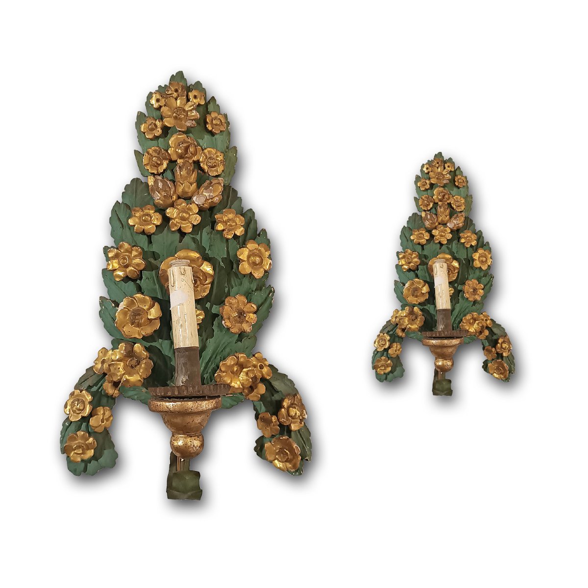COPPIA DI APPLIQUES VERDE E ORO NEOCLASSICHE FINE XVIII SECOLO