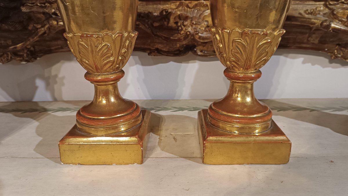 COPPIA DI PORTACANDELE DORATI NEOCLASSICI FINE DEL XVIII SECOLO -photo-4