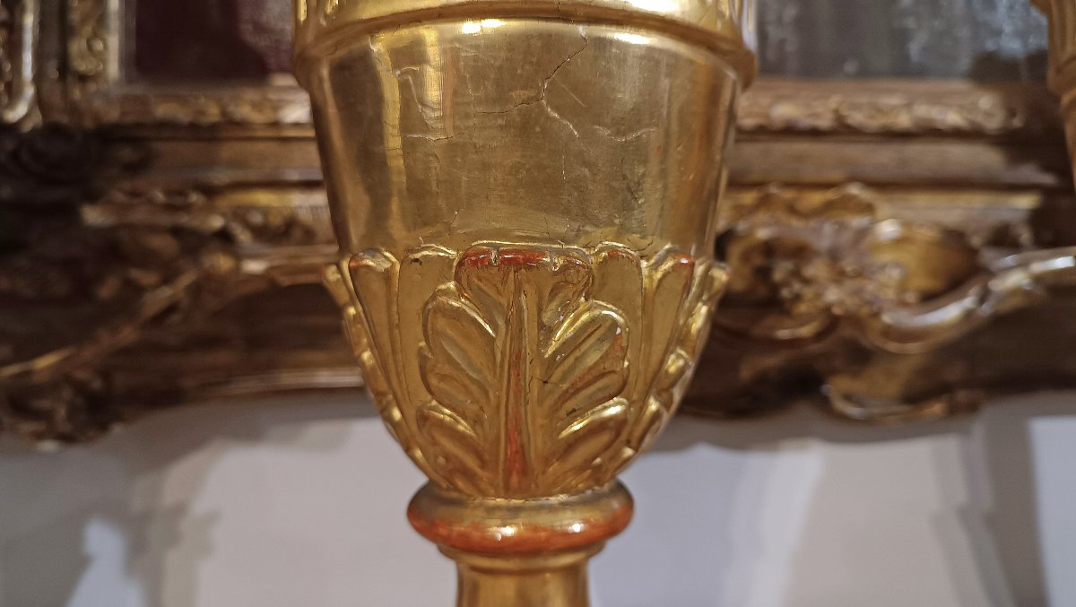 COPPIA DI PORTACANDELE DORATI NEOCLASSICI FINE DEL XVIII SECOLO -photo-3