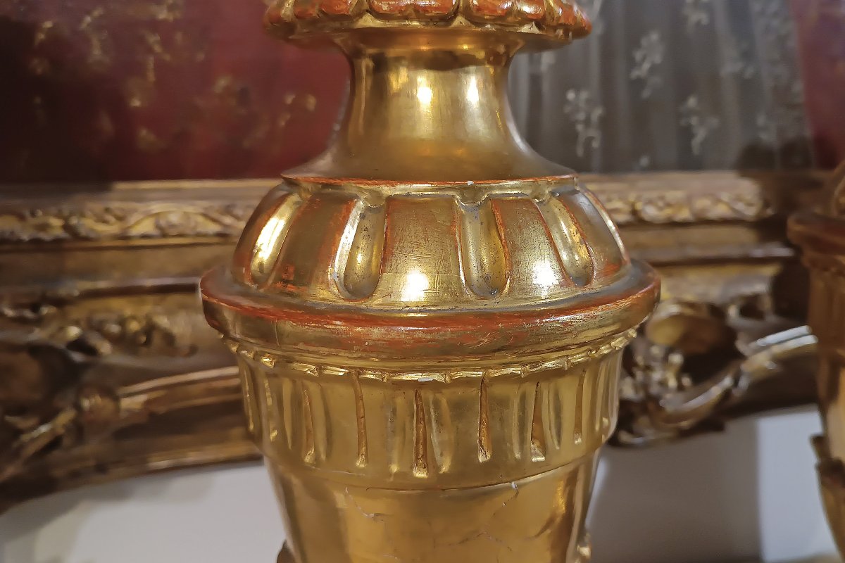 COPPIA DI PORTACANDELE DORATI NEOCLASSICI FINE DEL XVIII SECOLO -photo-4