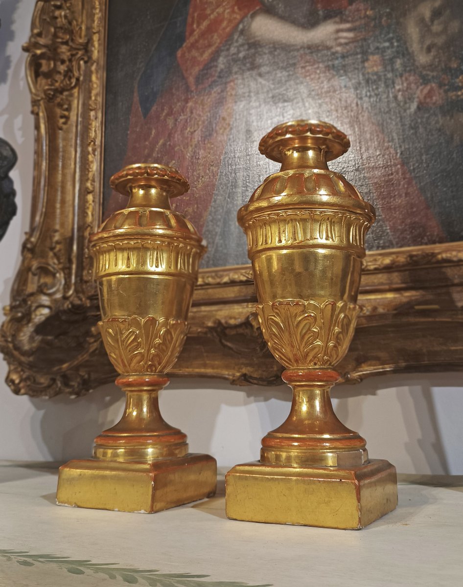 COPPIA DI PORTACANDELE DORATI NEOCLASSICI FINE DEL XVIII SECOLO -photo-5
