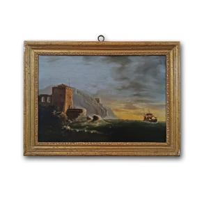 DIPINTO CON MARINA E TEMPESTA FINE XVIII SECOLO 