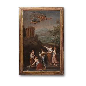 PITTURA A OLIO SU TAVOLETTA LIGNEA MERCURIO E LE FIGLIE DI CECROPE FINE XVIII SECOLO