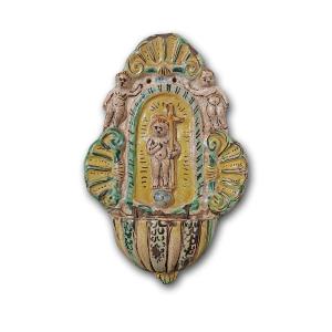 ACQUASANTIERA IN MAIOLICA DI MONTELUPO FINE XVII SECOLO 