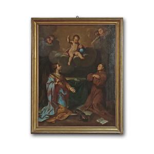 DIPINTO AD OLIO SU TELA CON ADORAZIONE SANTI PRIMI XVIII SECOLO 