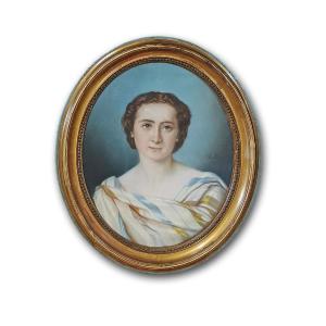 DIPINTO PASTELLO OVALE CON GIOVANE DONNA META’ XIX SECOLO 