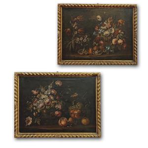 COPPIA DI DIPINTI CON FIORI E FRUTTA FINE XVII SECOLO 