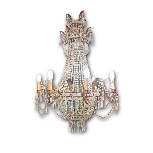 LAMPADARIO A PANIERE IN CRISTALLI E FERRO DORATO PRIMI DEL XIX SECOLO