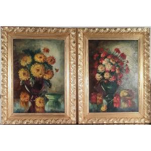 Pair Of Paintings, Bouquets Of Flowers, Oil On Canvas
