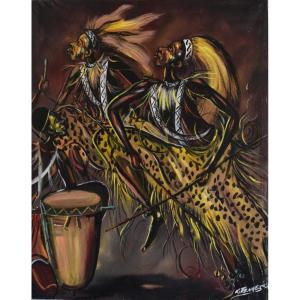 Kitenge Joseph - Congolese Artist - Oil On Canvas - Traditional Dance Scene