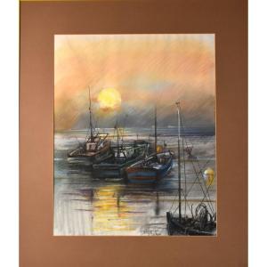 Georges Libotte (20th Century) – Port Scene At Sunset – Pastel, Signed And Dated 1992