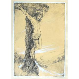 Ernest Faut (1879-1961) – Symbolist Christ – Drawing Enhanced With Gouache – 20th Century – Belgian Artist