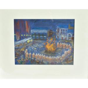 Michel Gaudy (1925) - Belgian Artist - Original Pastel Signed - Night Scene At The Fire