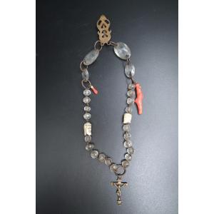 Châtelaine / Exceptional Rosary, La Roche Crystal, Coral And 2 Memento Mori From 18th Century