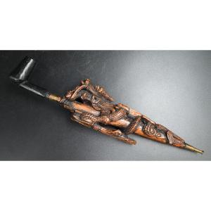 Antique Large 19th Century Chinese Hand Carved Wooden Pipe With Dragon