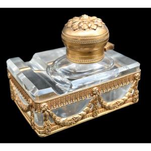 Inkwell In Gilt Bronze And Crystal